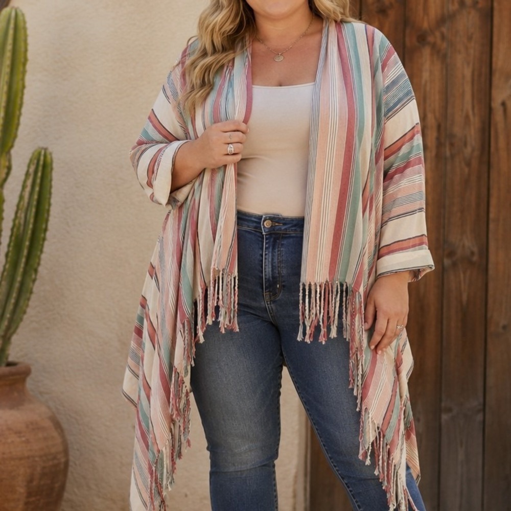 Natural Reflections Fringe Cardigan Kimono Women's 1X Striped Boho Western NWT